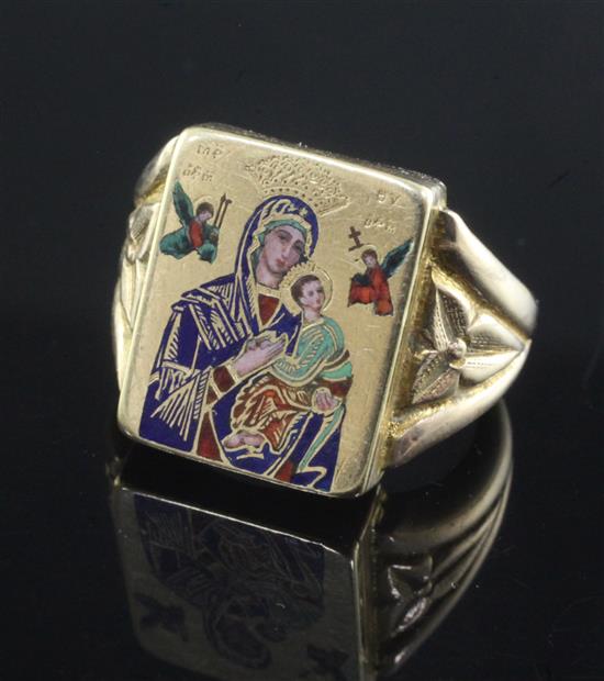 A yellow metal signet ring decorated with a miniature Greek icon Madonna Queen of Angels in coloured enamels, size M.